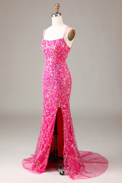 Beaira Hot Pink Sequins & Beaded Mermaid Prom Dress with Slit