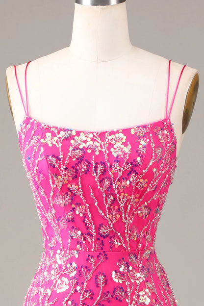 Beaira Hot Pink Sequins & Beaded Mermaid Prom Dress with Slit