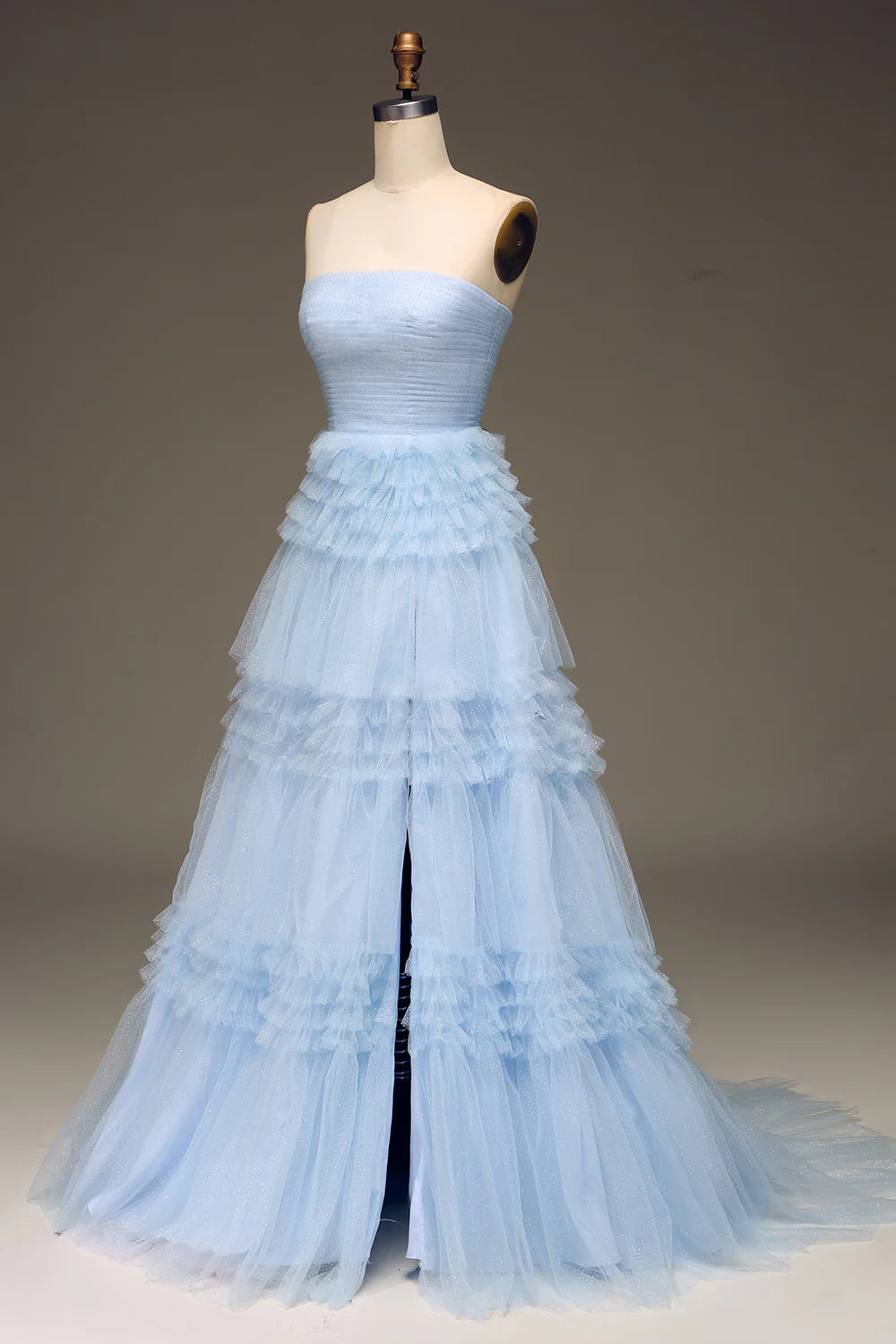 Beaira Tulle Light Blue Tiered Prom Dress with Slit
