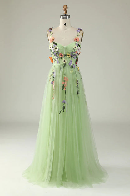 Spaghetti Straps Prom Dress With 3D Flowers