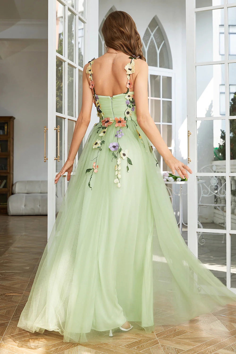 Spaghetti Straps Prom Dress With 3D Flowers