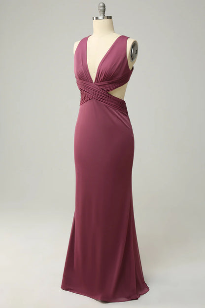 Beaira Sheath Deep V Neck Desert Rose Long Plus Size Formal Dress with Split Front