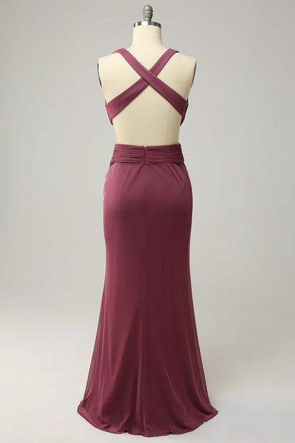 Beaira Sheath Deep V Neck Desert Rose Long Plus Size Formal Dress with Split Front