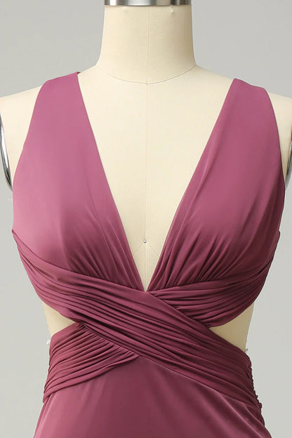 Beaira Sheath Deep V Neck Desert Rose Long Plus Size Formal Dress with Split Front