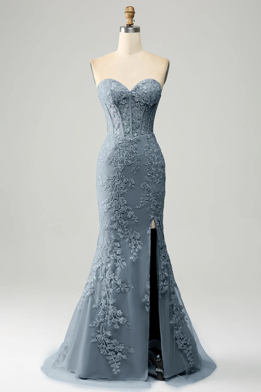 Lilac Mermaid Sweetheart Corset Appliques Prom Dress With Side Slit