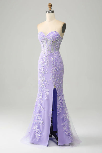 Lilac Mermaid Sweetheart Corset Appliques Prom Dress With Side Slit