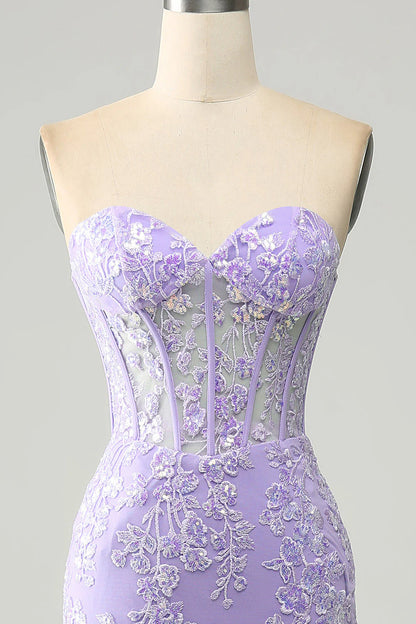 Lilac Mermaid Sweetheart Corset Appliques Prom Dress With Side Slit