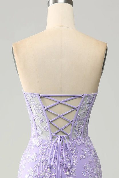 Lilac Mermaid Sweetheart Corset Appliques Prom Dress With Side Slit