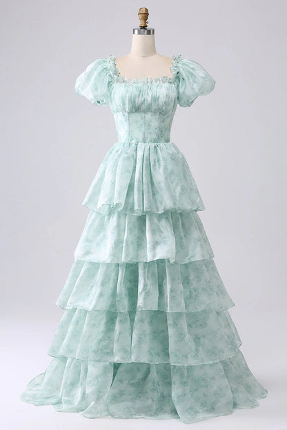 Beaira Green A Line Square Neck Tiered Long Prom Dress with Ruffles