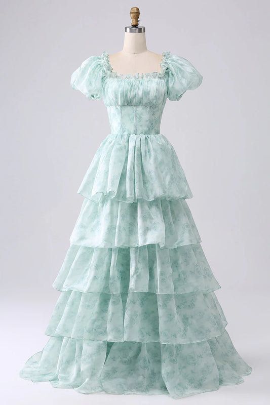 Beaira Green A Line Square Neck Tiered Long Prom Dress with Ruffles