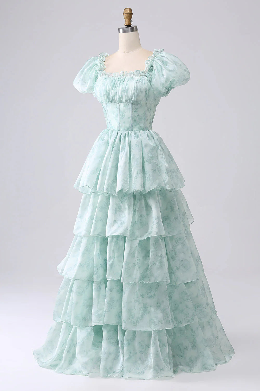 Beaira Green A Line Square Neck Tiered Long Prom Dress with Ruffles