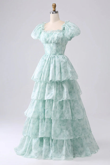 Beaira Green A Line Square Neck Tiered Long Prom Dress with Ruffles