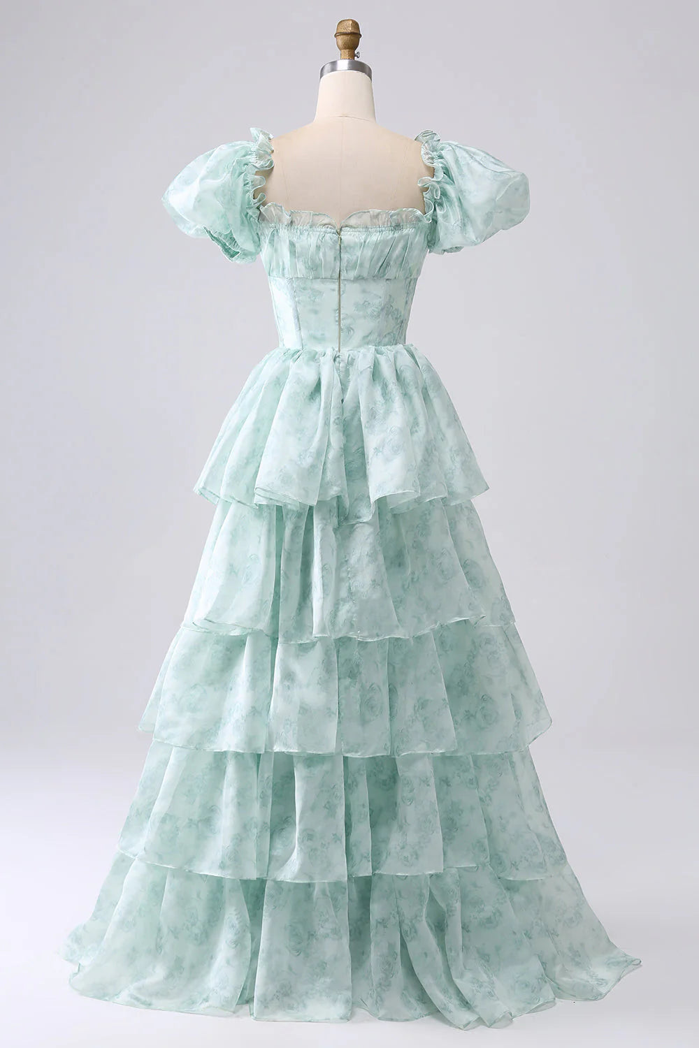 Beaira Green A Line Square Neck Tiered Long Prom Dress with Ruffles