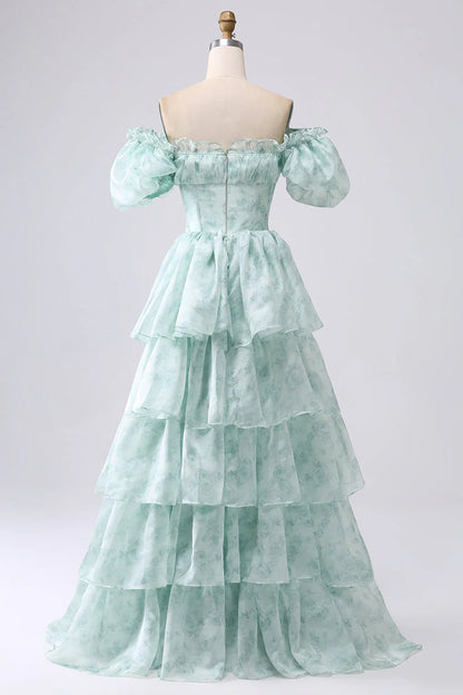 Beaira Green A Line Square Neck Tiered Long Prom Dress with Ruffles