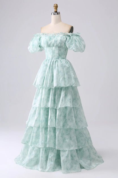 Beaira Green A Line Square Neck Tiered Long Prom Dress with Ruffles