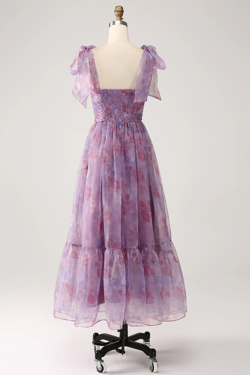 Beaira Purple Printed A Line Pleated Long Prom Dress