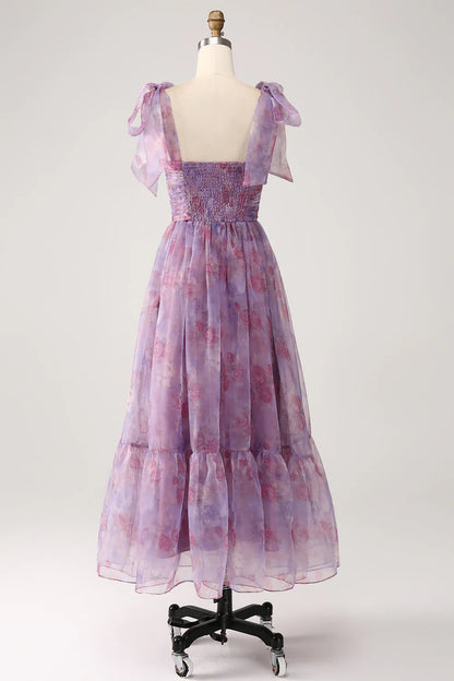 Beaira Purple Printed A Line Pleated Long Prom Dress