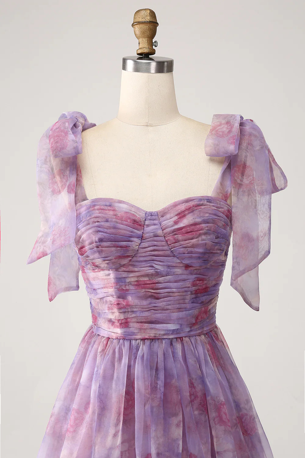 Beaira Purple Printed A Line Pleated Long Prom Dress