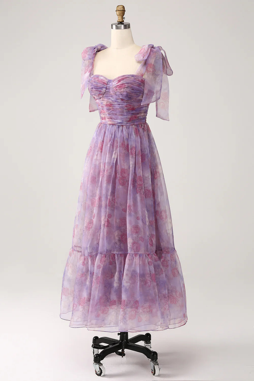 Beaira Purple Printed A Line Pleated Long Prom Dress