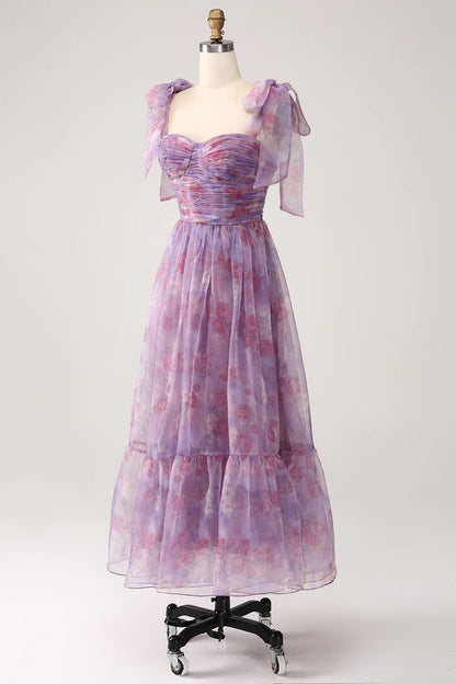 Beaira Purple Printed A Line Pleated Long Prom Dress