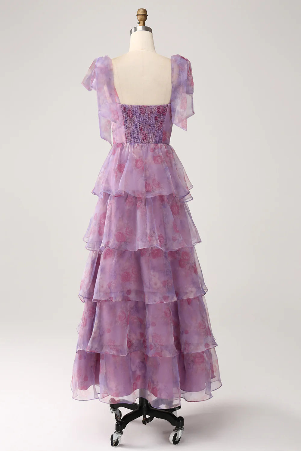 Beaira A Line Tiered Purple Printed Tea-Length Long Prom Dress