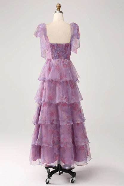 Beaira A Line Tiered Purple Printed Tea-Length Long Prom Dress