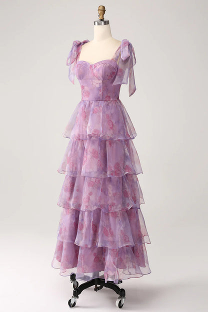 Beaira A Line Tiered Purple Printed Tea-Length Long Prom Dress