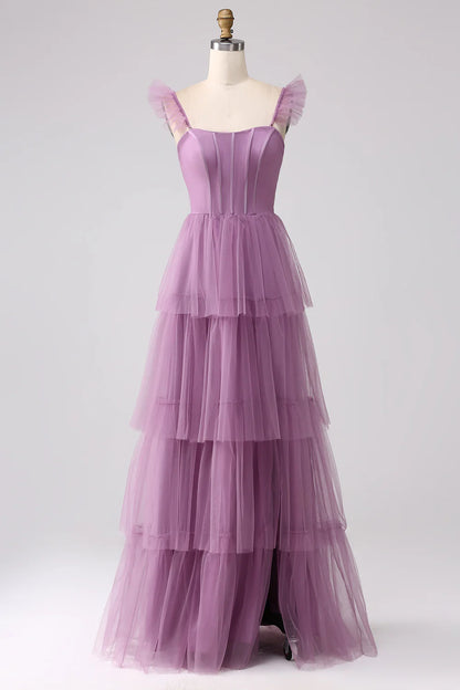Beaira Purple A Line Tulle Tiered Pleated Long Prom Dress with Slit
