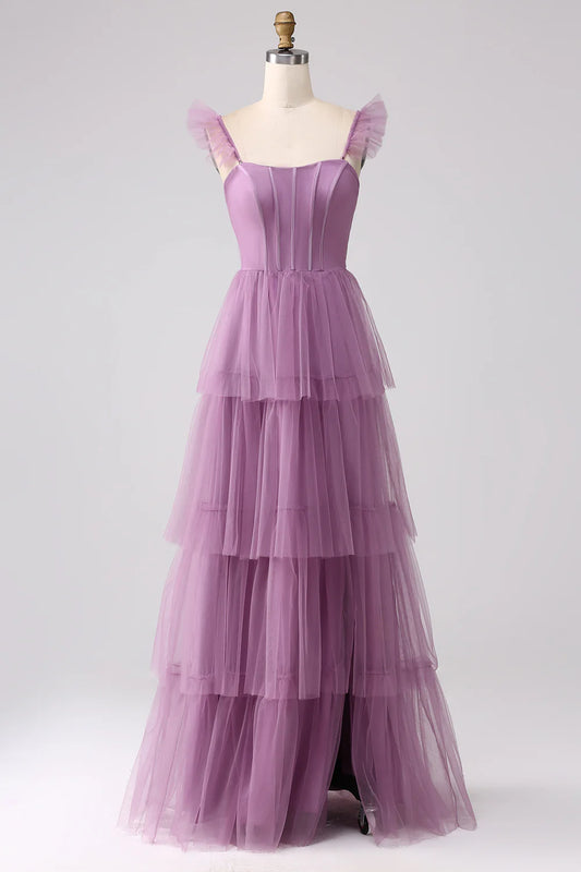 Beaira Purple A Line Tulle Tiered Pleated Long Prom Dress with Slit