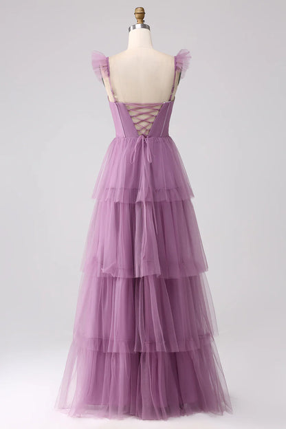 Beaira Purple A Line Tulle Tiered Pleated Long Prom Dress with Slit
