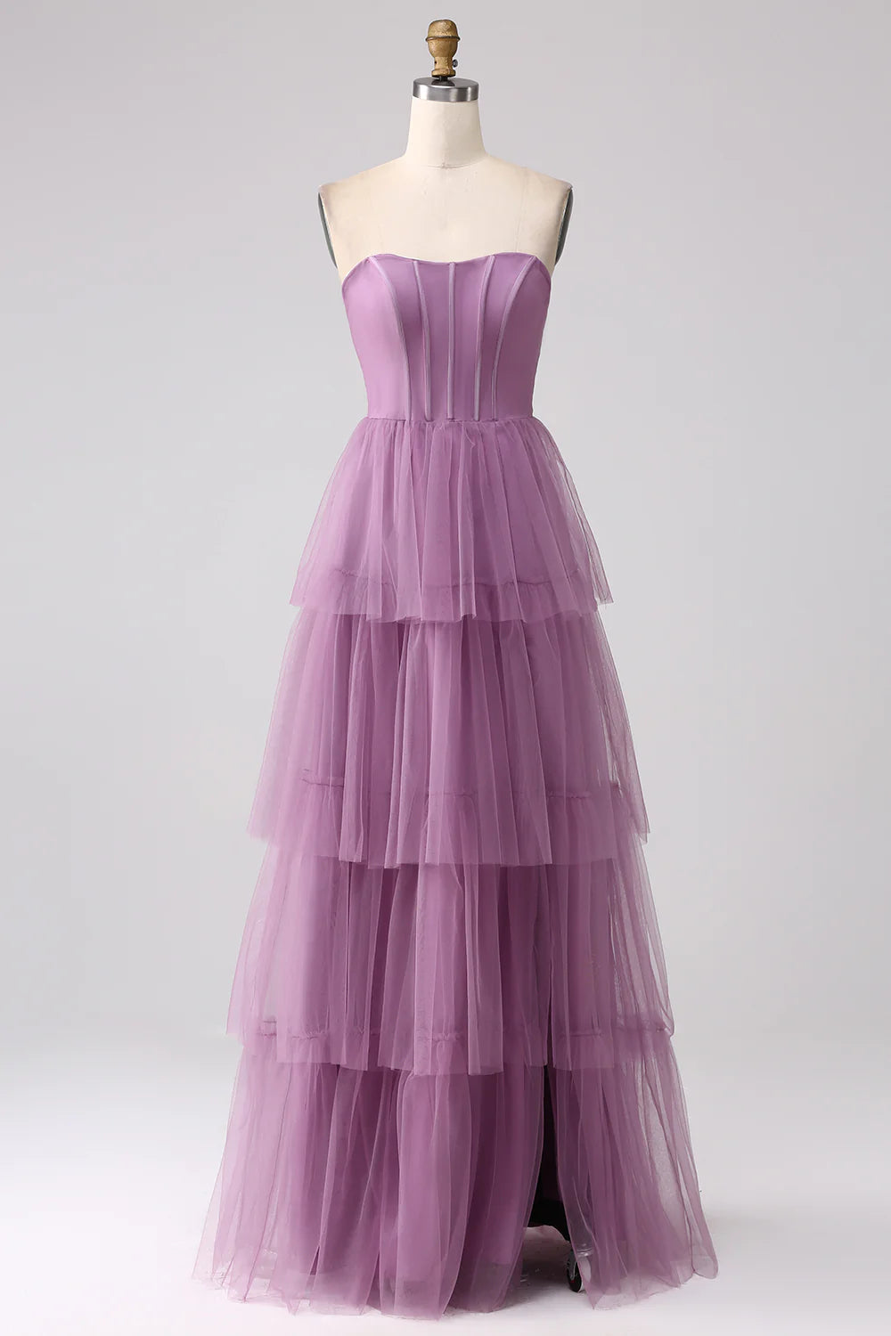 Beaira Purple A Line Tulle Tiered Pleated Long Prom Dress with Slit