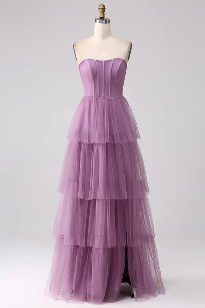 Beaira Purple A Line Tulle Tiered Pleated Long Prom Dress with Slit