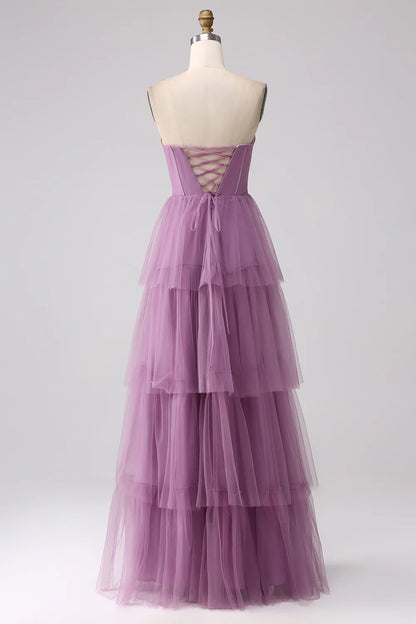 Beaira Purple A Line Tulle Tiered Pleated Long Prom Dress with Slit
