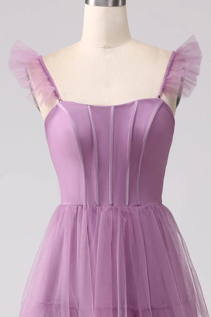 Beaira Purple A Line Tulle Tiered Pleated Long Prom Dress with Slit