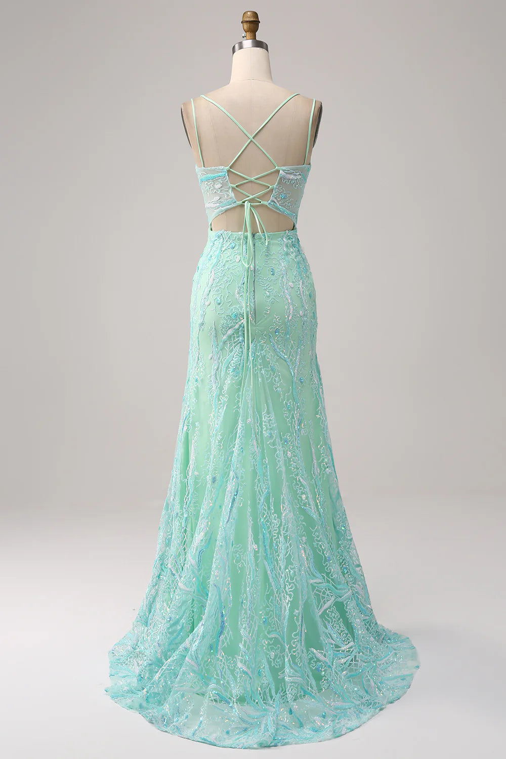 Beaira Green Mermaid Spaghetti Straps Sequins Long Prom Dress with Slit