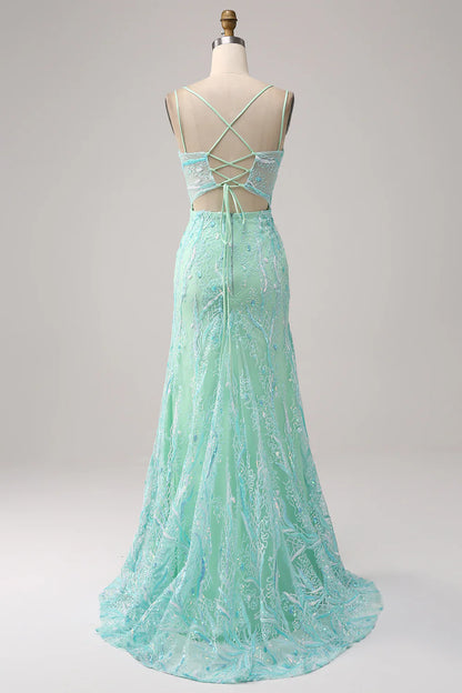 Beaira Green Mermaid Spaghetti Straps Sequins Long Prom Dress with Slit