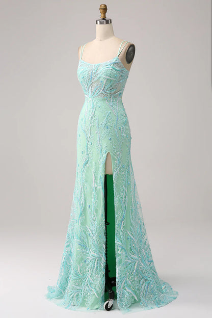 Beaira Green Mermaid Spaghetti Straps Sequins Long Prom Dress with Slit