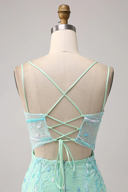 Beaira Green Mermaid Spaghetti Straps Sequins Long Prom Dress with Slit