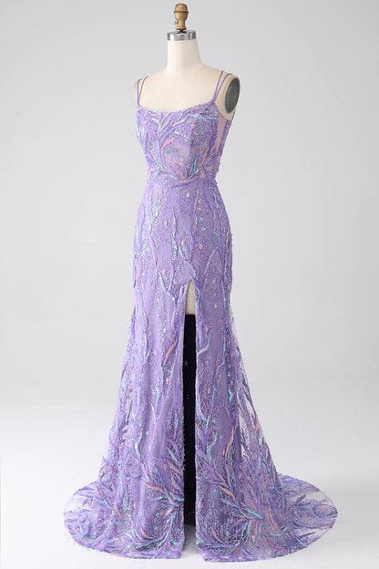 Beaira Lilac Mermaid Spaghetti Straps Sequins Long Prom Dress with Slit