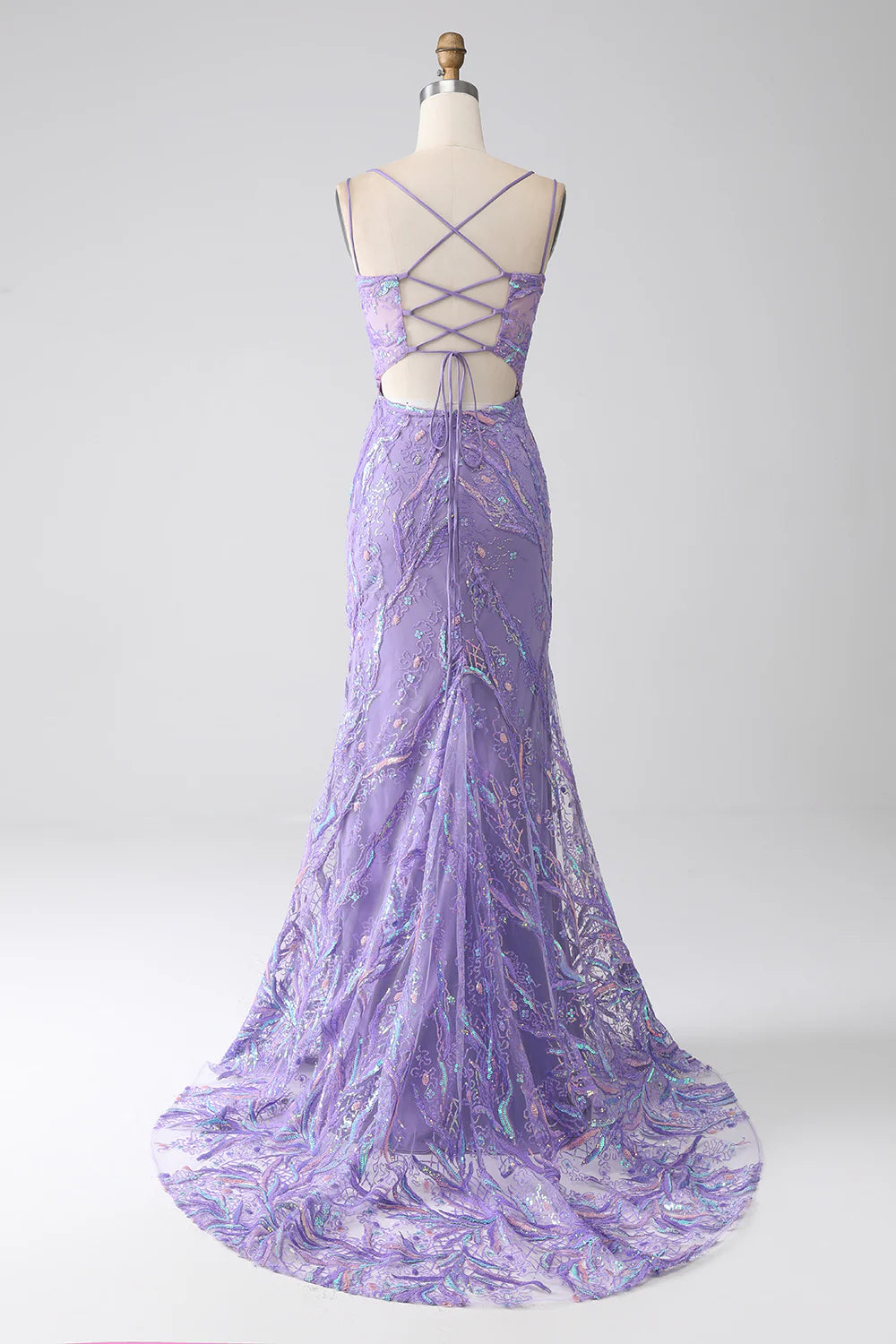 Beaira Lilac Mermaid Spaghetti Straps Sequins Long Prom Dress with Slit