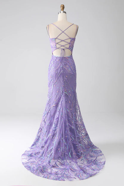 Beaira Lilac Mermaid Spaghetti Straps Sequins Long Prom Dress with Slit