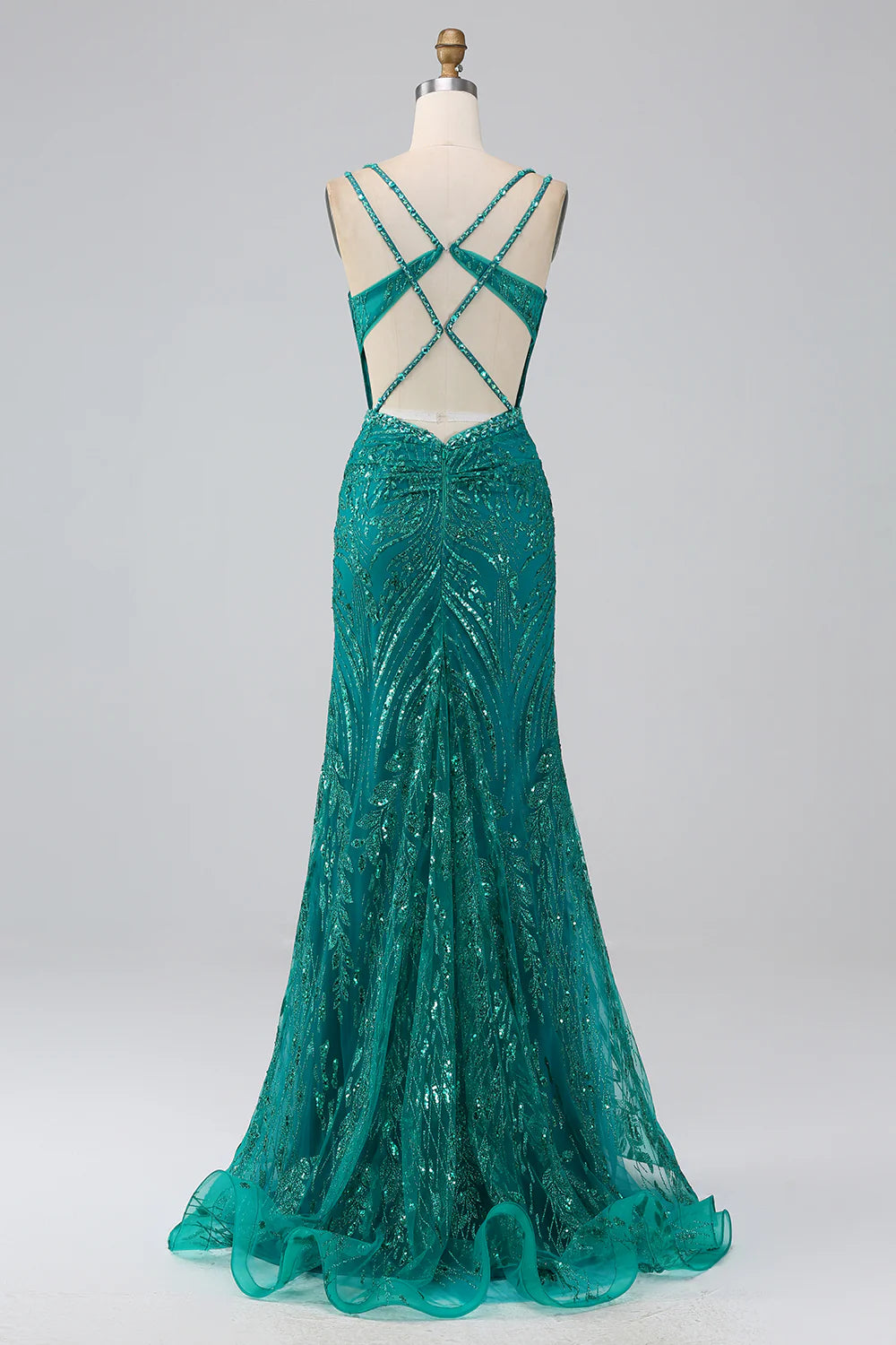 Beaira Dark Green Sparkly Mermaid Spaghetti Straps Corset Prom Dress With Slit