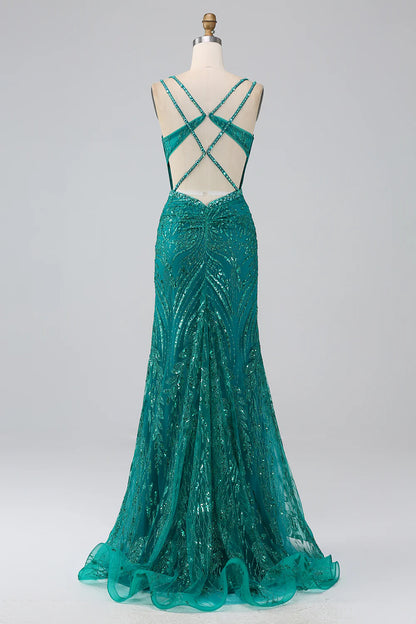 Beaira Dark Green Sparkly Mermaid Spaghetti Straps Corset Prom Dress With Slit