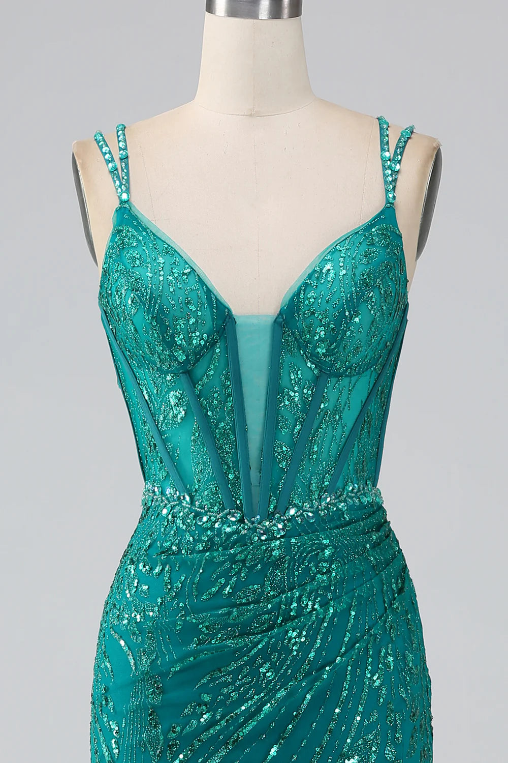 Beaira Dark Green Sparkly Mermaid Spaghetti Straps Corset Prom Dress With Slit