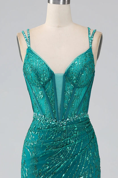 Beaira Dark Green Sparkly Mermaid Spaghetti Straps Corset Prom Dress With Slit