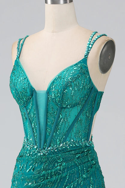 Beaira Dark Green Sparkly Mermaid Spaghetti Straps Corset Prom Dress With Slit