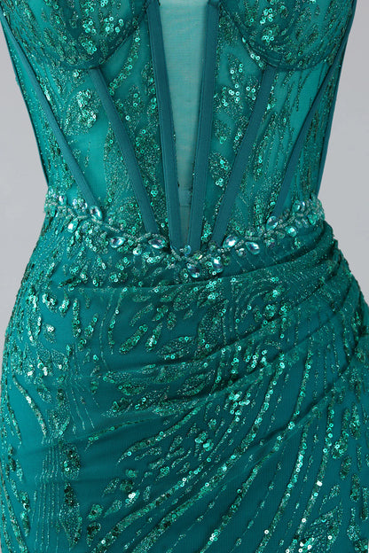Beaira Dark Green Sparkly Mermaid Spaghetti Straps Corset Prom Dress With Slit