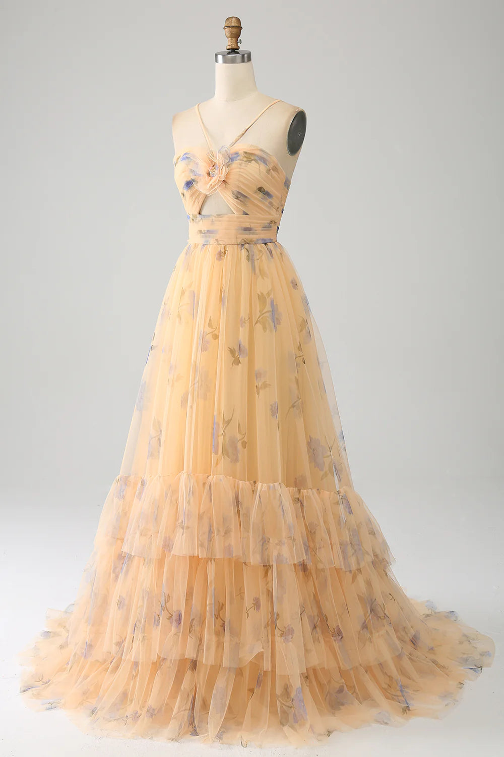 Beaira Yellow A-Line Halter Pleated Tulle Tiered Prom Dress With Embroidery
