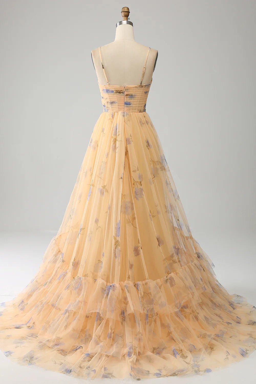 Beaira Yellow A-Line Halter Pleated Tulle Tiered Prom Dress With Embroidery
