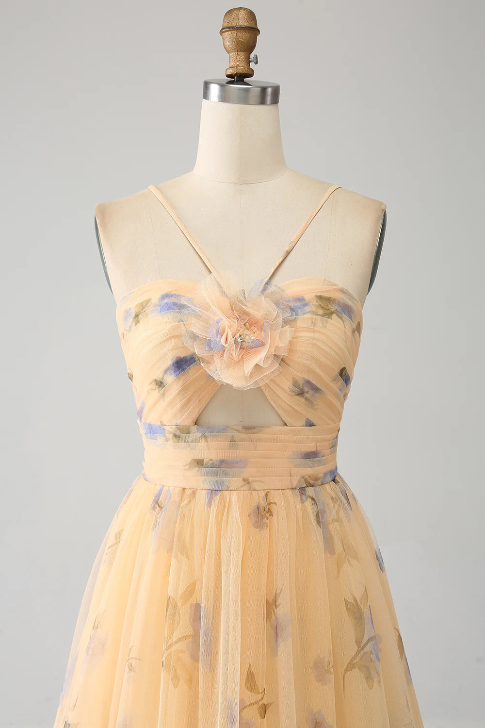 Beaira Yellow A-Line Halter Pleated Tulle Tiered Prom Dress With Embroidery